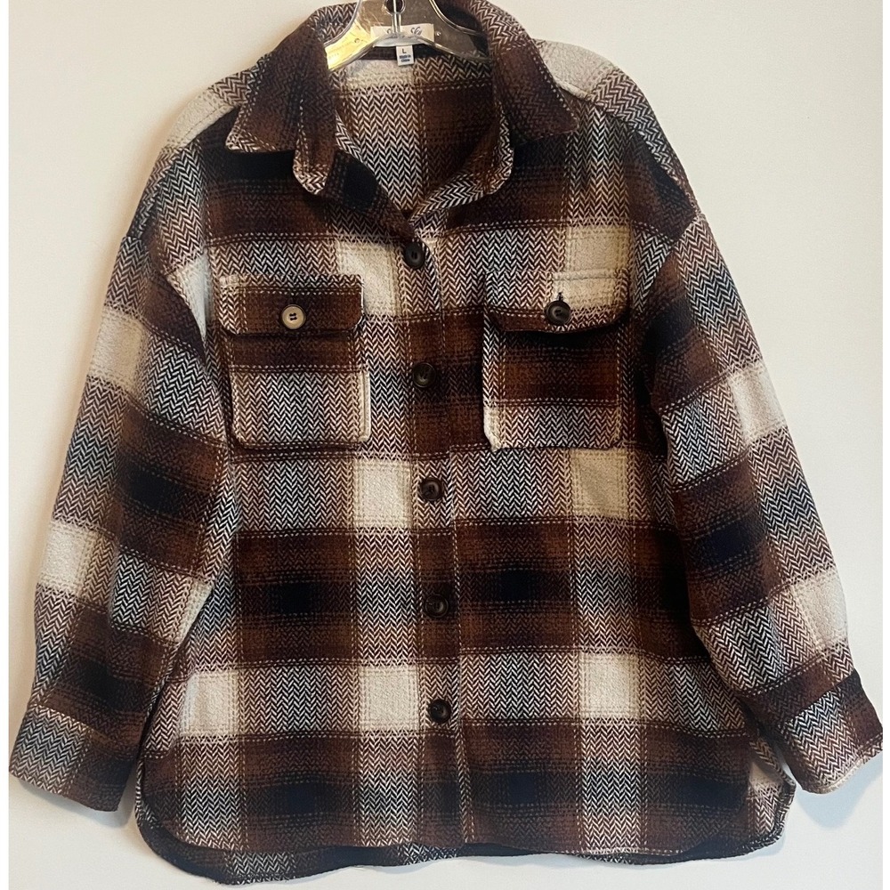 She + Sky Brown Plaid Herringbone Wool Blend Shacket Jacket Size Large